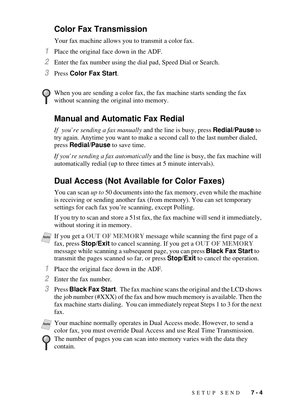 Color fax transmission, Manual and automatic fax redial, Dual access (not available for color faxes) | Brother FAX-1800C User Manual | Page 71 / 144