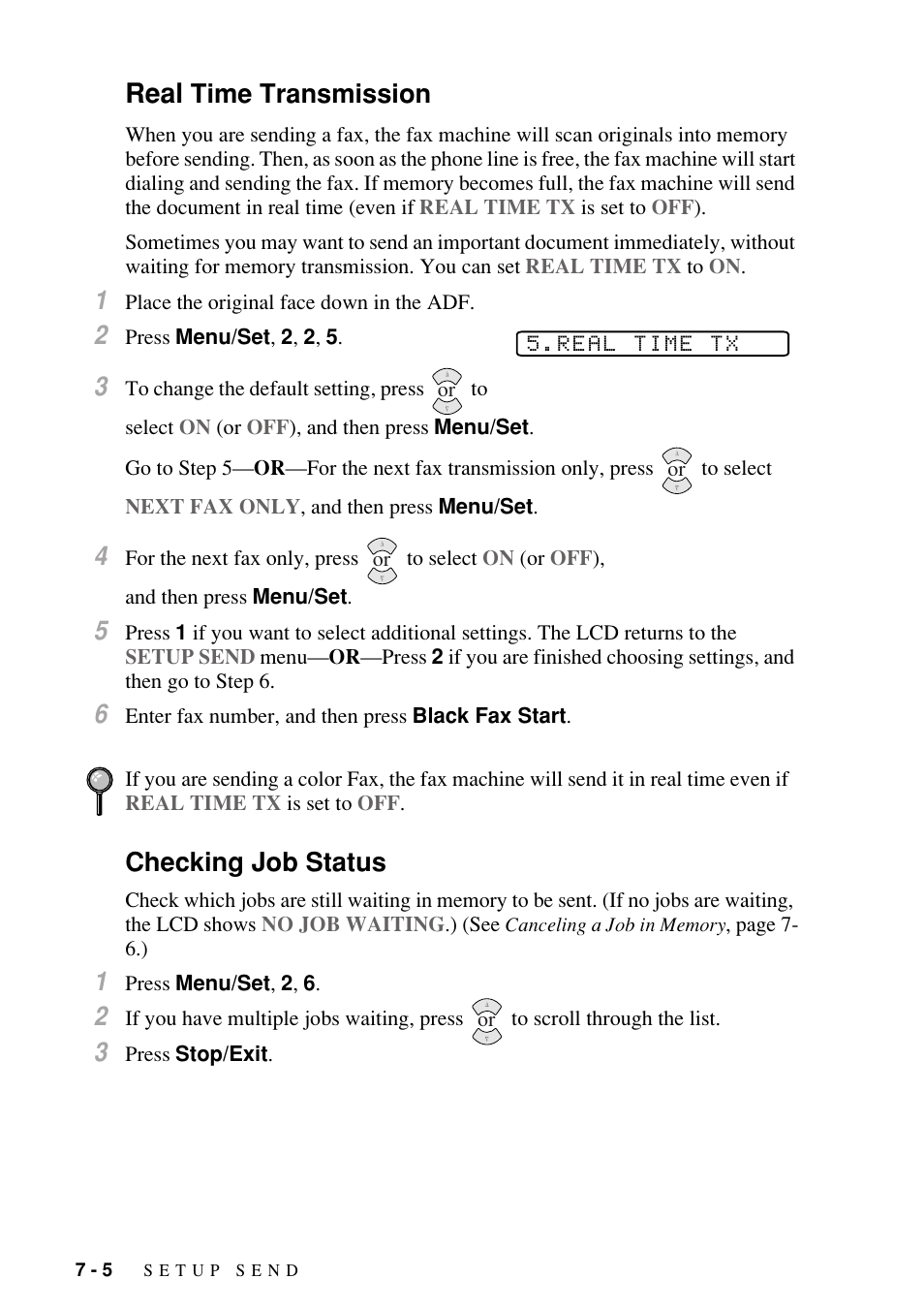 Real time transmission, Checking job status, Real time transmission -5 checking job status -5 | Real, Time transmission | Brother FAX-1800C User Manual | Page 72 / 144