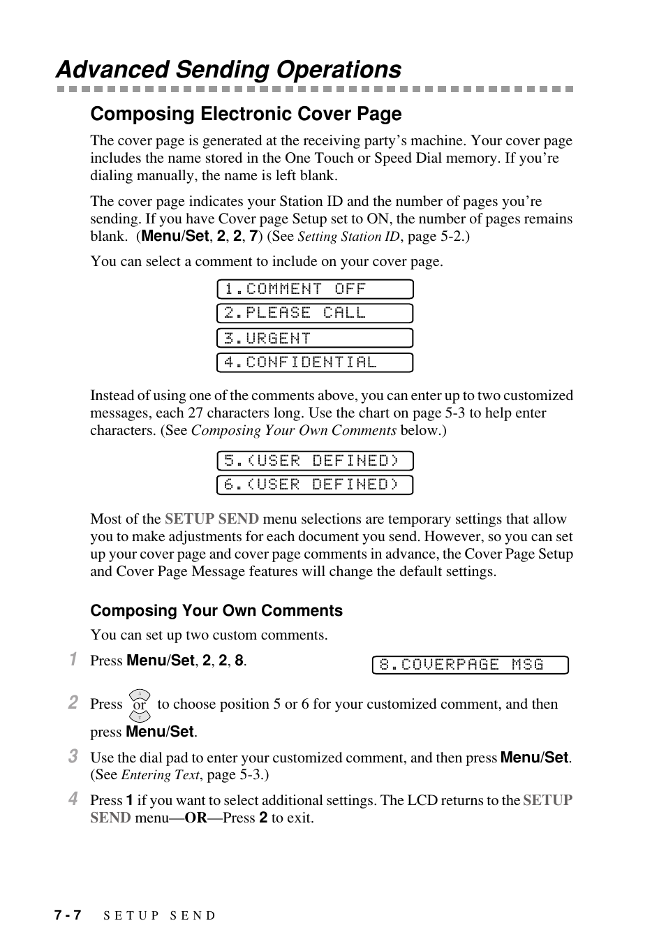 Advanced sending operations, Composing your own comments, Advanced sending operations -7 | Composing your own comments -7, Composing electronic cover page | Brother FAX-1800C User Manual | Page 74 / 144