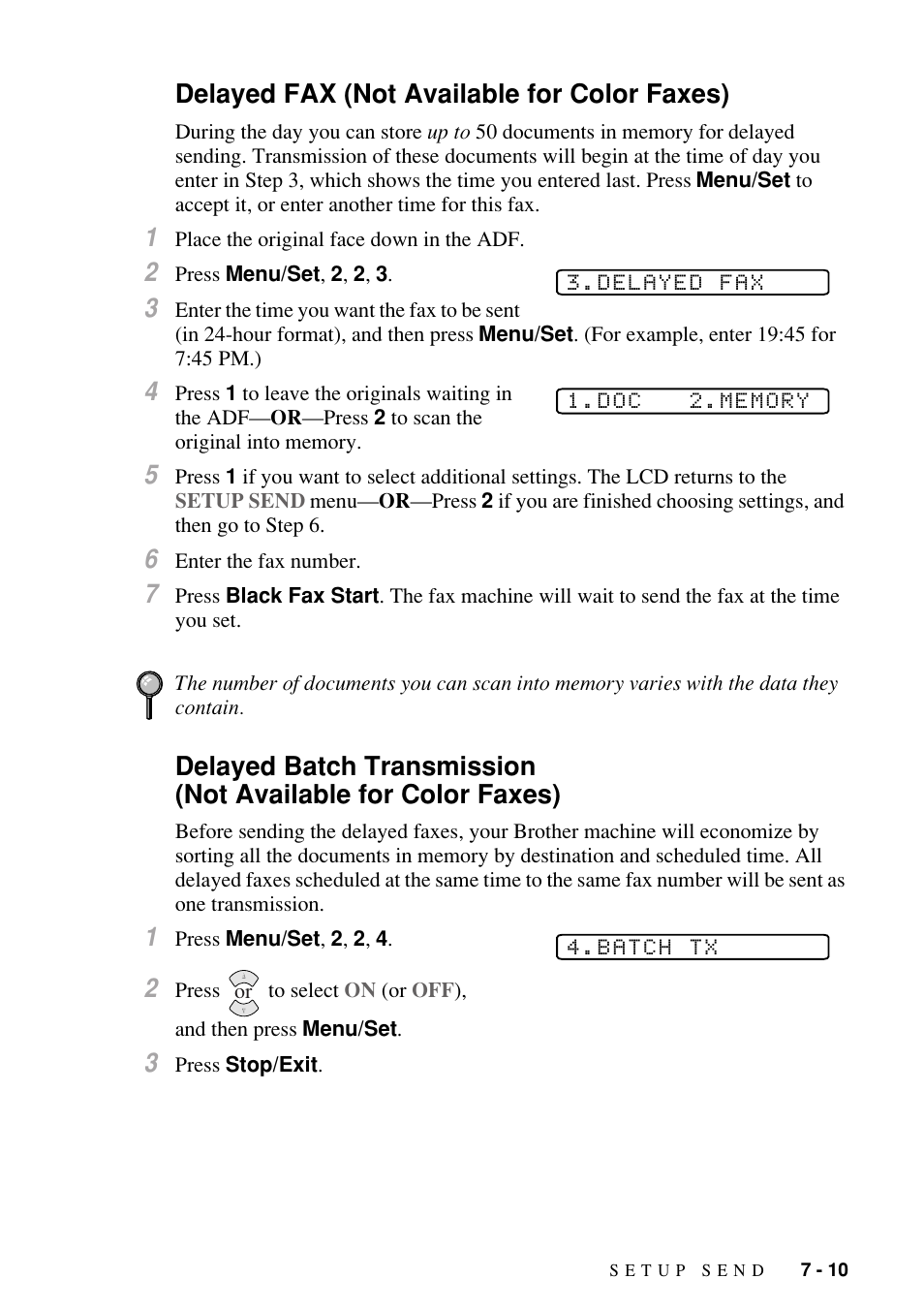 Delayed fax (not available for color faxes), Not available for color faxes) -10 | Brother FAX-1800C User Manual | Page 77 / 144