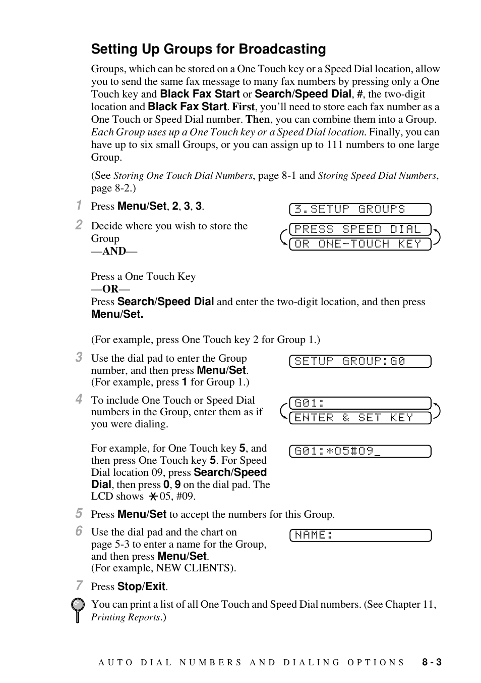Setting up groups for broadcasting, Setting up groups for broadcasting -3 | Brother FAX-1800C User Manual | Page 81 / 144