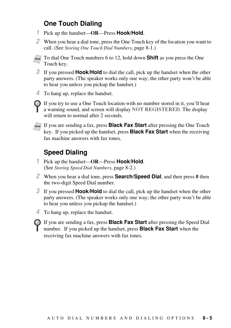 One touch dialing, Speed dialing, One touch dialing -5 speed dialing -5 | One touch dialing 1, Speed dialing 1 | Brother FAX-1800C User Manual | Page 83 / 144