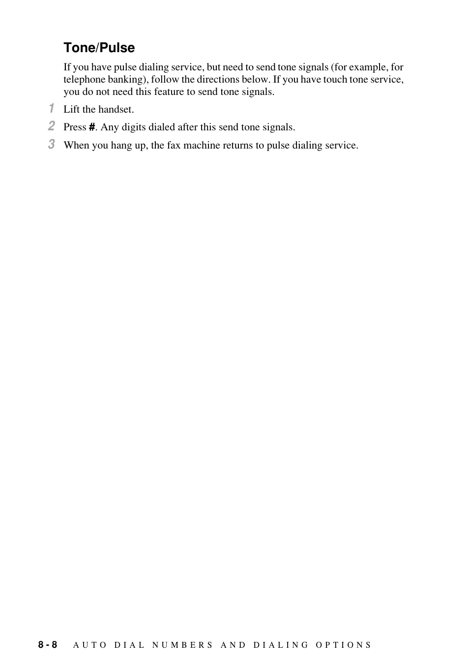 Tone/pulse, Tone/pulse -8 | Brother FAX-1800C User Manual | Page 86 / 144