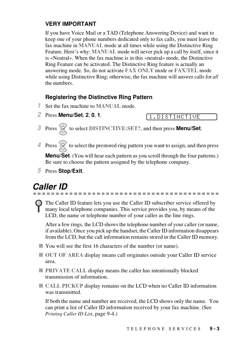 Very important, Registering the distinctive ring pattern, Caller id | Caller id -3 | Brother FAX-1800C User Manual | Page 89 / 144