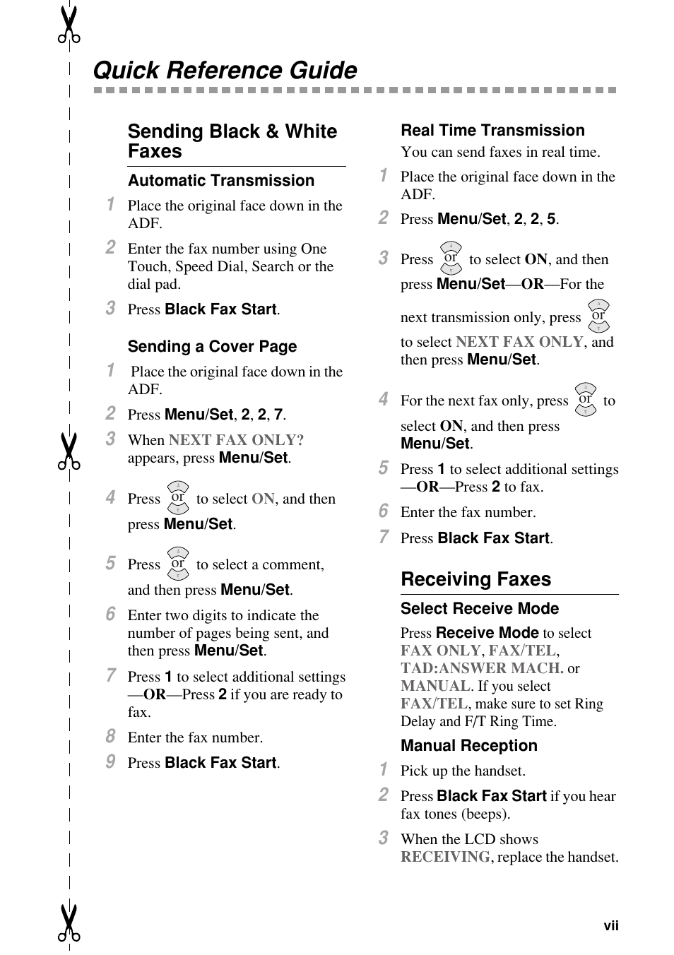Quick reference guide, Sending black & white faxes, Receiving faxes | Brother FAX-1800C User Manual | Page 9 / 144