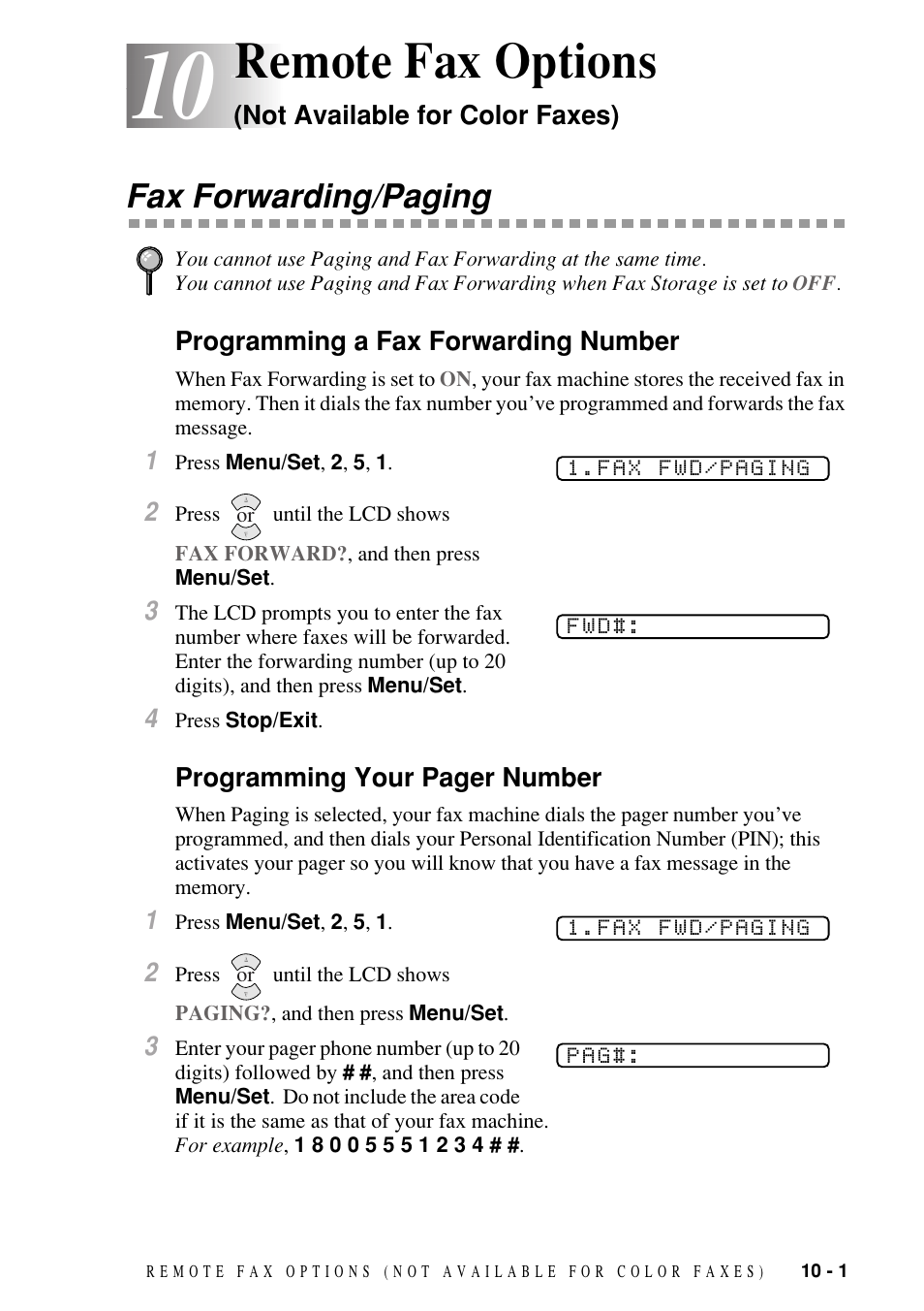 Fax forwarding/paging, Programming a fax forwarding number, Fax forwarding/paging -1 | Remote fax options | Brother FAX-1800C User Manual | Page 91 / 144