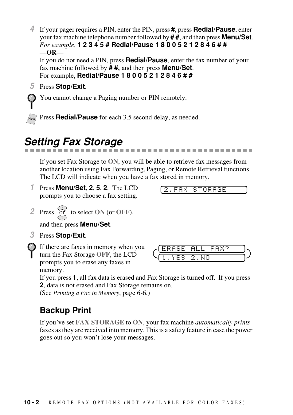 Setting fax storage, Backup print, Setting fax storage -2 | Backup print -2 | Brother FAX-1800C User Manual | Page 92 / 144
