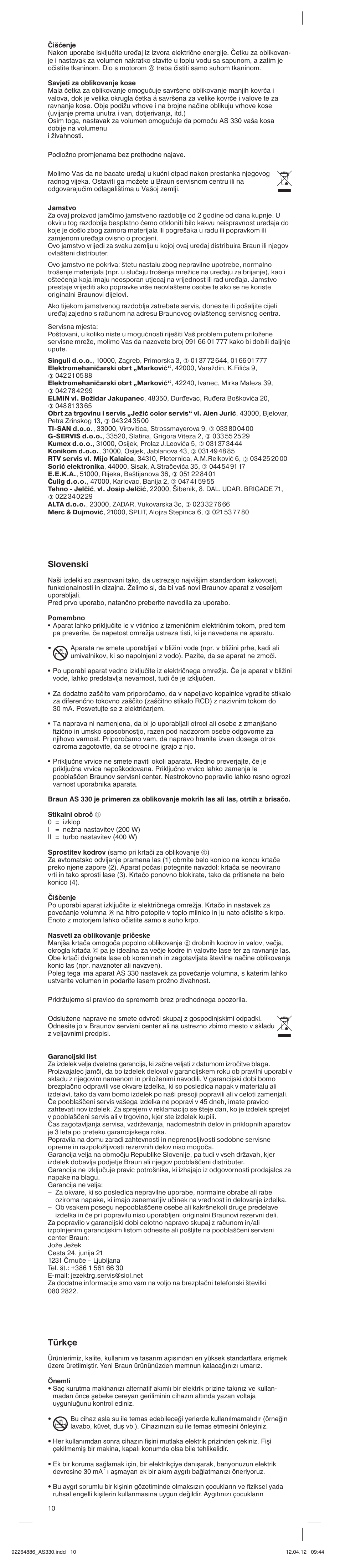 Slovenski, Türkçe | Braun AS330 Satin Hair 3 User Manual | Page 10 / 15