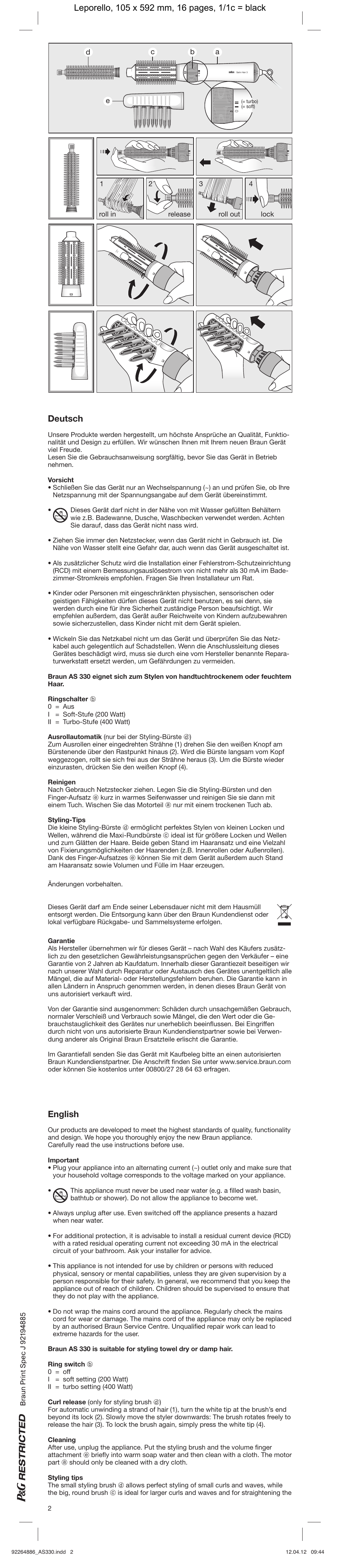 Deutsch, English | Braun AS330 Satin Hair 3 User Manual | Page 2 / 15