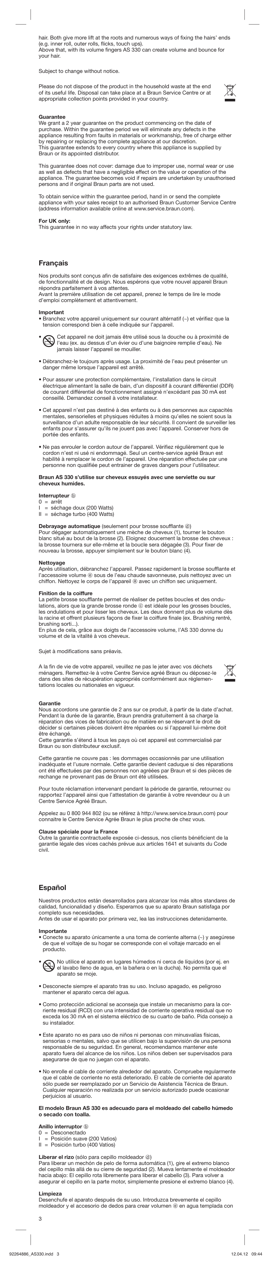 Français, Español | Braun AS330 Satin Hair 3 User Manual | Page 3 / 15