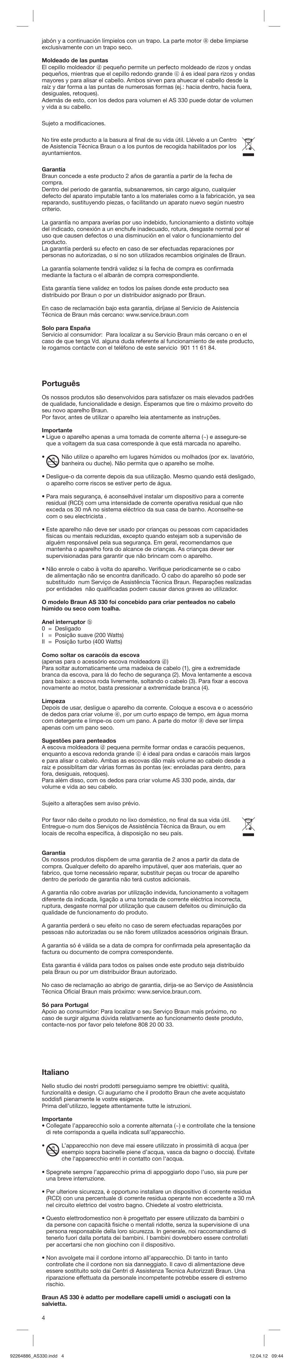 Português, Italiano | Braun AS330 Satin Hair 3 User Manual | Page 4 / 15