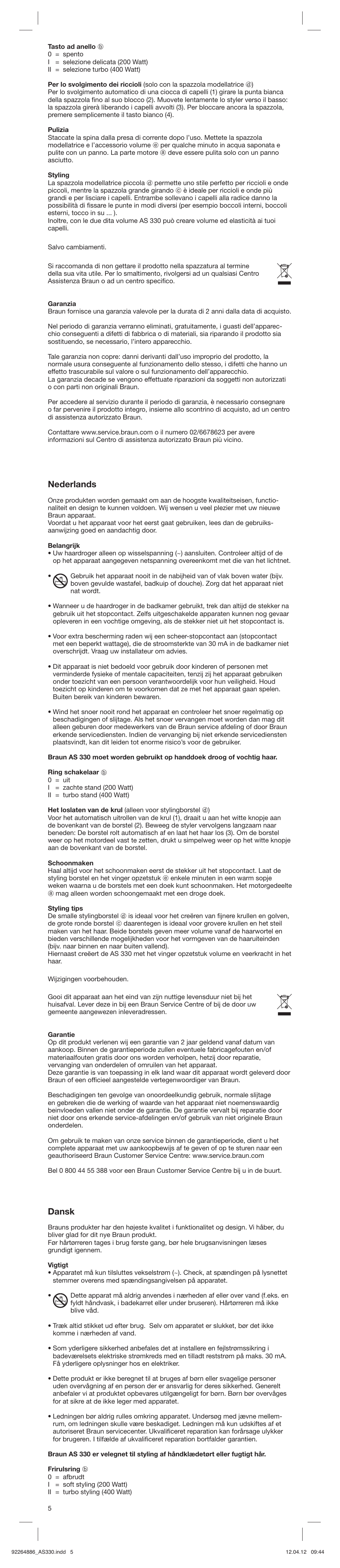 Nederlands, Dansk | Braun AS330 Satin Hair 3 User Manual | Page 5 / 15
