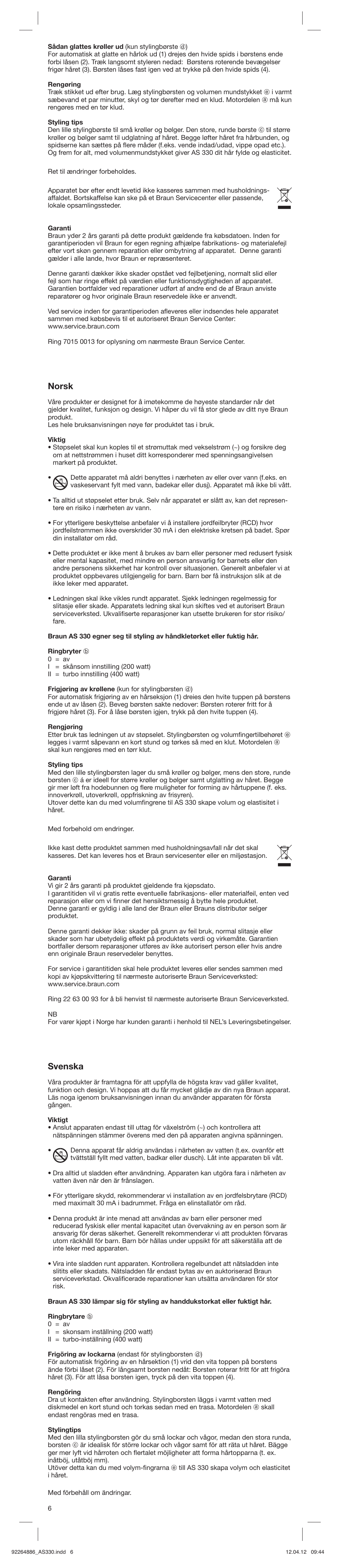 Norsk, Svenska | Braun AS330 Satin Hair 3 User Manual | Page 6 / 15
