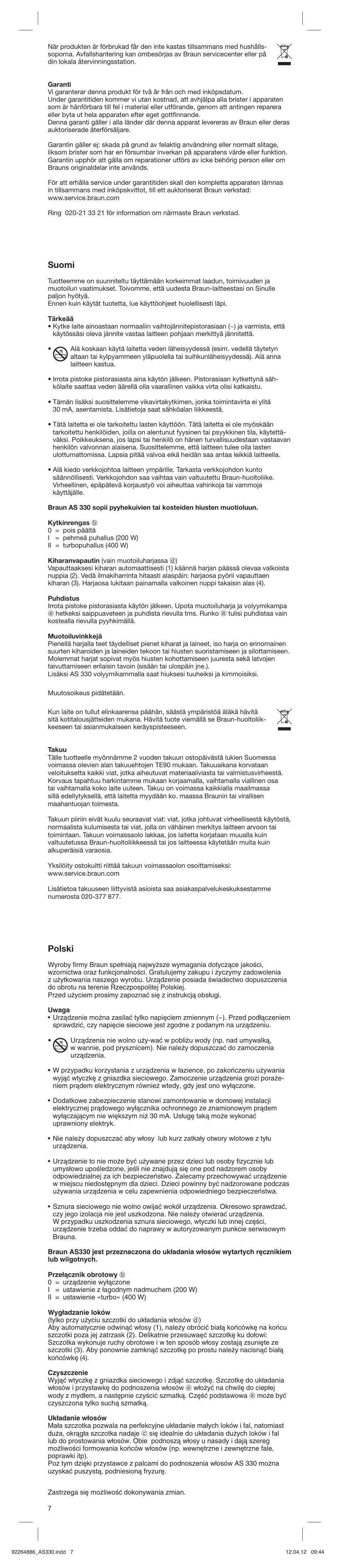 Suomi, Polski | Braun AS330 Satin Hair 3 User Manual | Page 7 / 15