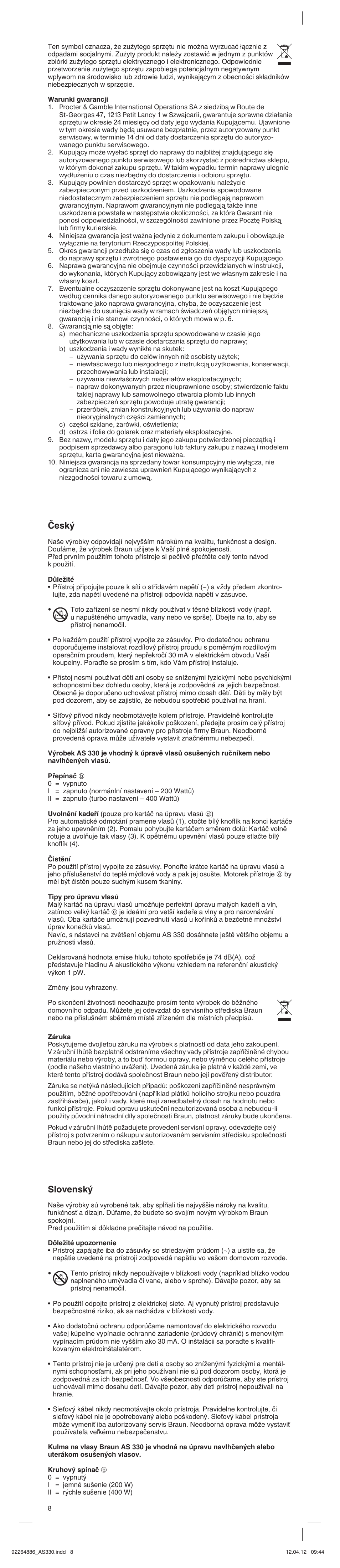 Âesk, Slovensk | Braun AS330 Satin Hair 3 User Manual | Page 8 / 15