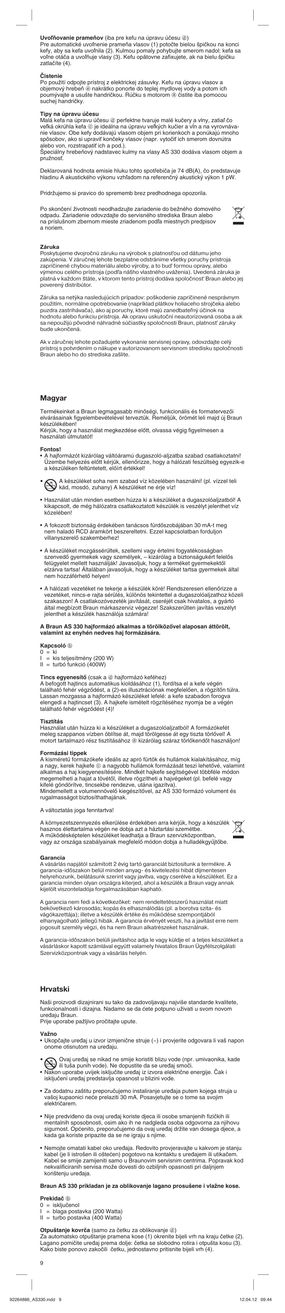 Magyar, Hrvatski | Braun AS330 Satin Hair 3 User Manual | Page 9 / 15