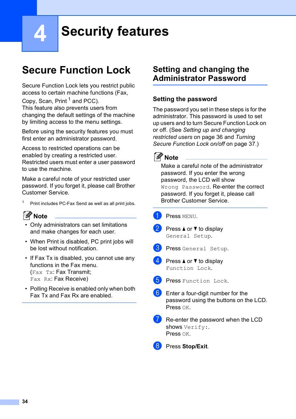 4 security features, Secure function lock, Setting and changing the administrator password | Setting the password, Security features | Brother MFC 6890CDW User Manual | Page 50 / 248