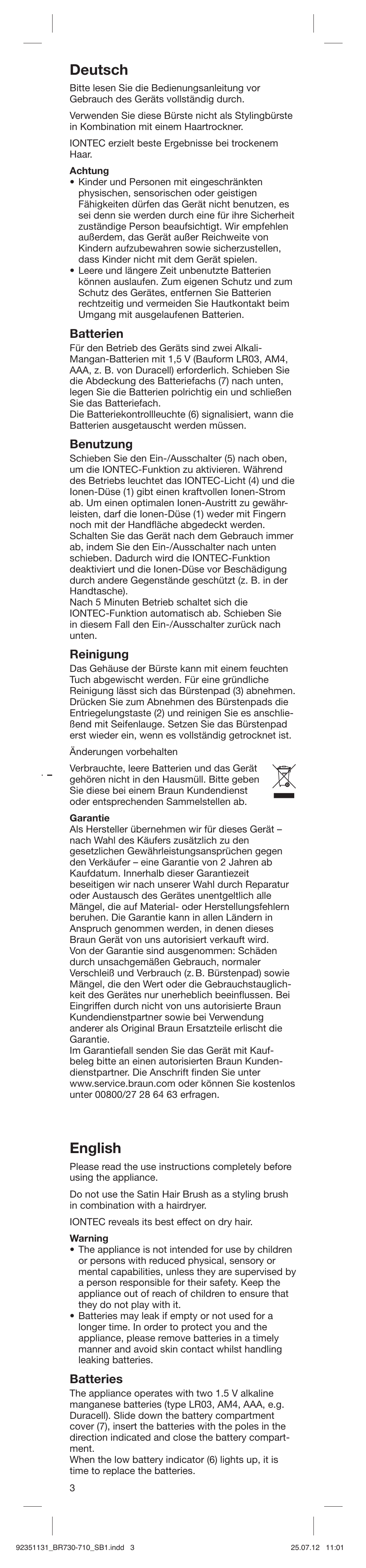Deutsch, English, Batterien | Benutzung, Reinigung, Batteries | Braun SB1 Satin Hair 7 User Manual | Page 3 / 22