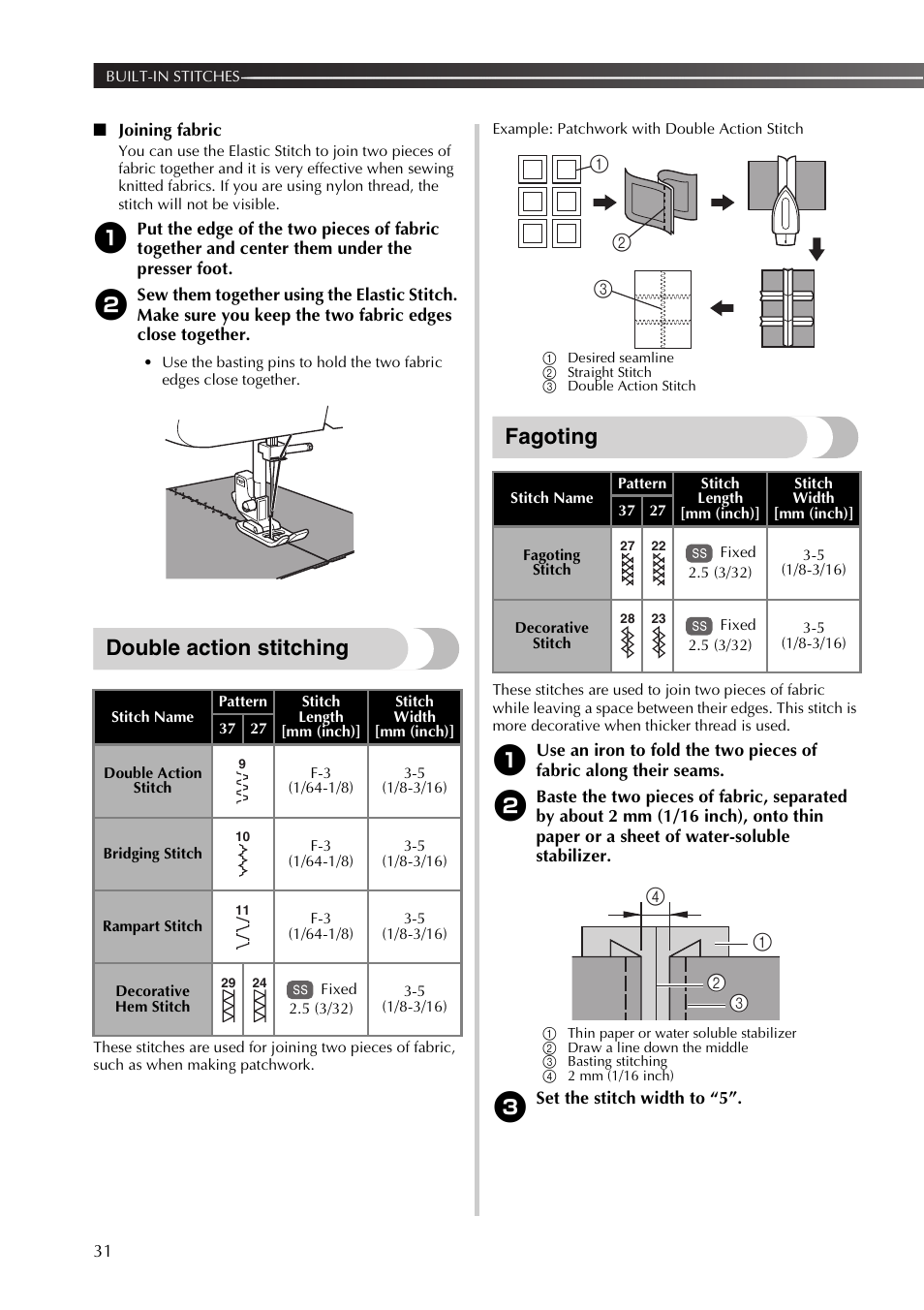 Double action stitching, Fagoting | Brother XM3700 User Manual | Page 32 / 104