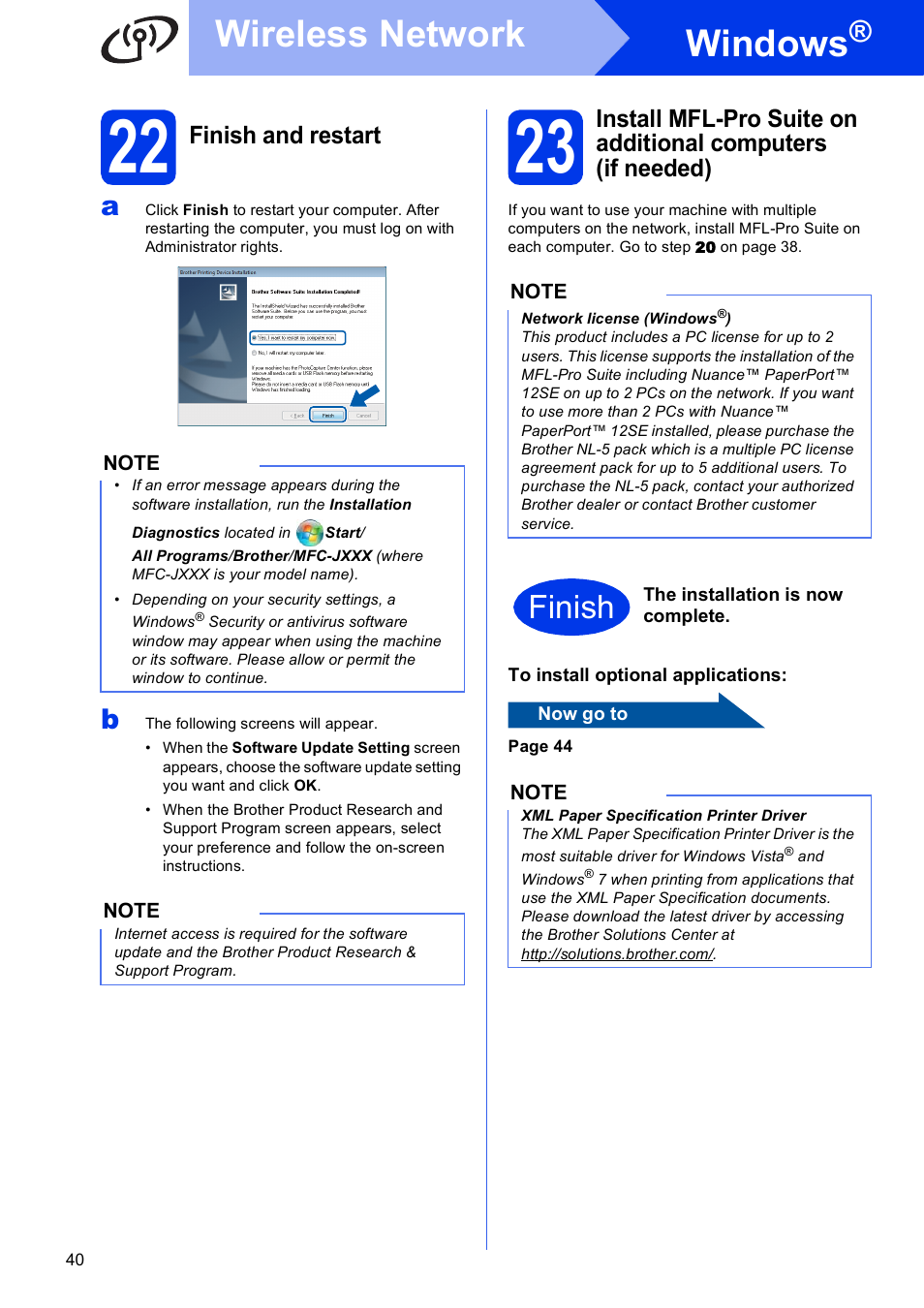 22 finish and restart, Windows, Wireless network | Finish, Finish and restart | Brother MFC-J4310DW User Manual | Page 40 / 46