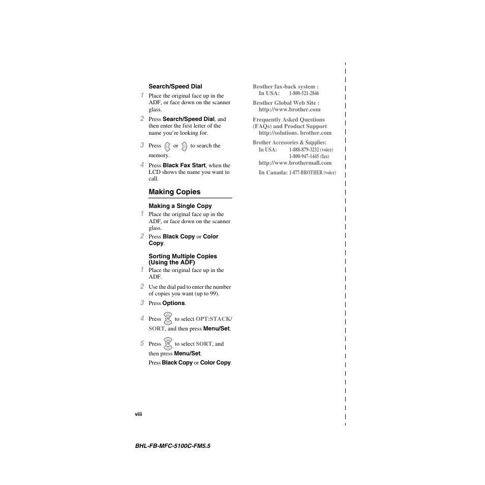 Search/speed dial, Making copies, Making a single copy | Sorting multiple copies (using the adf) | Brother MFC-5100C User Manual | Page 10 / 213
