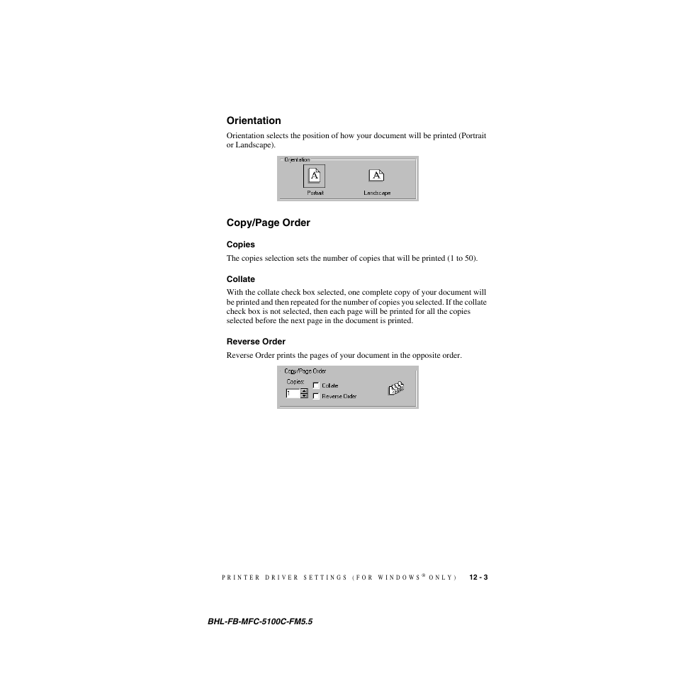 Orientation, Copies, Collate | Reverse order, Copies -3 collate -3 reverse order -3 | Brother MFC-5100C User Manual | Page 104 / 213