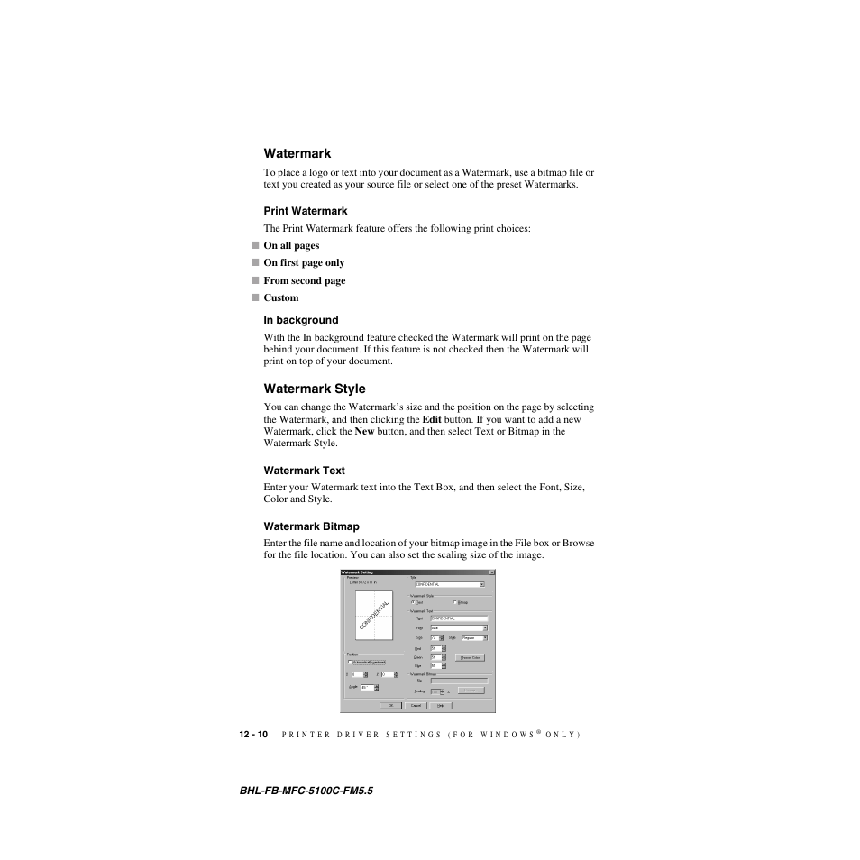 Watermark, Print watermark, In background | Watermark style, Watermark text, Watermark bitmap, Watermark -10, Print watermark -10 in background -10, Watermark style -10, Watermark text -10 watermark bitmap -10 | Brother MFC-5100C User Manual | Page 111 / 213
