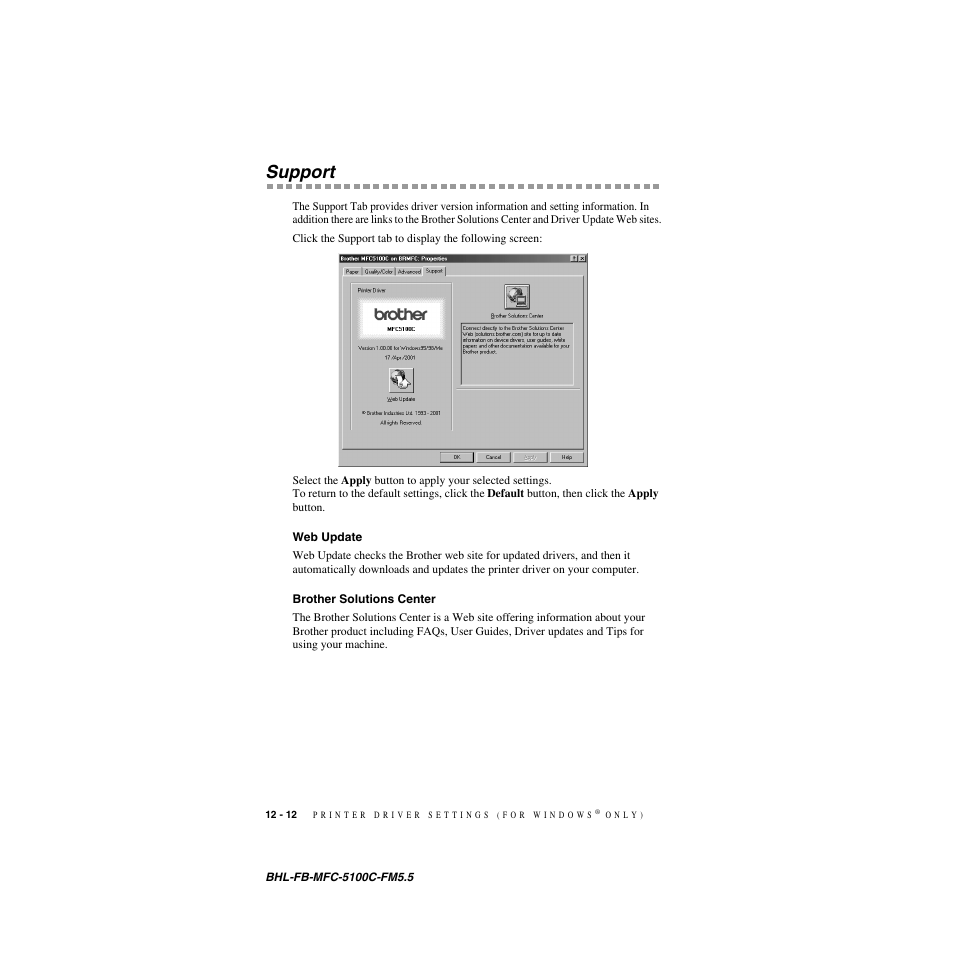 Support, Web update, Brother solutions center | Support -12, Web update -12 brother solutions center -12 | Brother MFC-5100C User Manual | Page 113 / 213