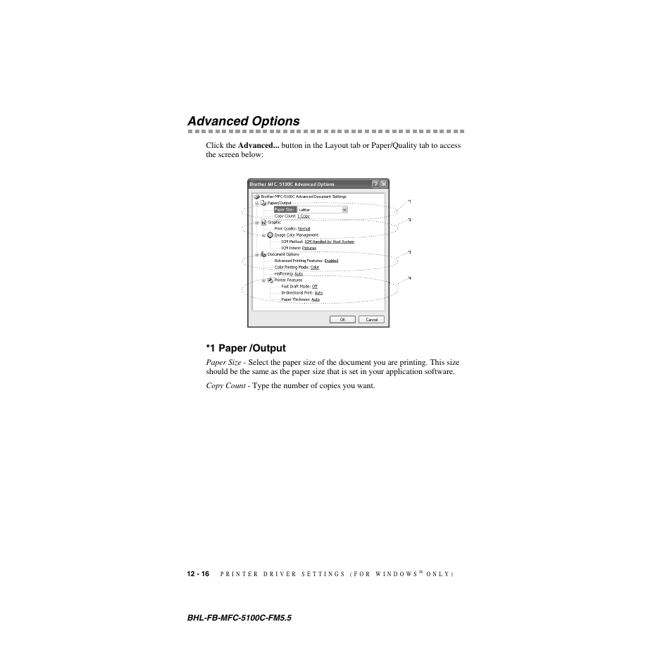 Advanced options, 1 paper /output, Advanced options -16 | 1 paper /output -16 | Brother MFC-5100C User Manual | Page 117 / 213