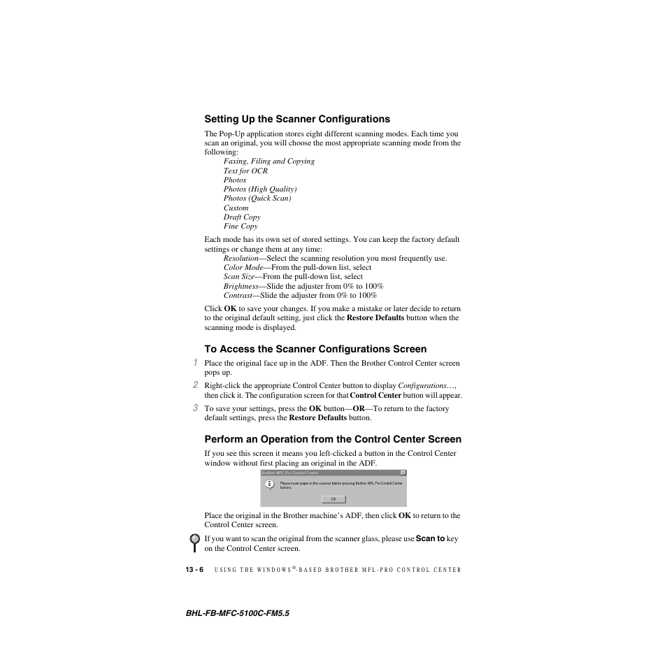 Setting up the scanner configurations, To access the scanner configurations screen | Brother MFC-5100C User Manual | Page 125 / 213