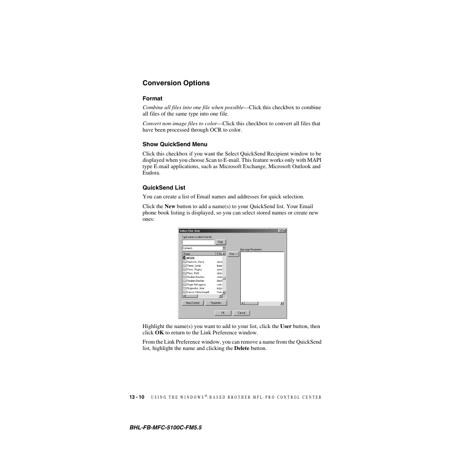 Conversion options, Format, Show quicksend menu | Quicksend list, Conversion options -10 | Brother MFC-5100C User Manual | Page 129 / 213