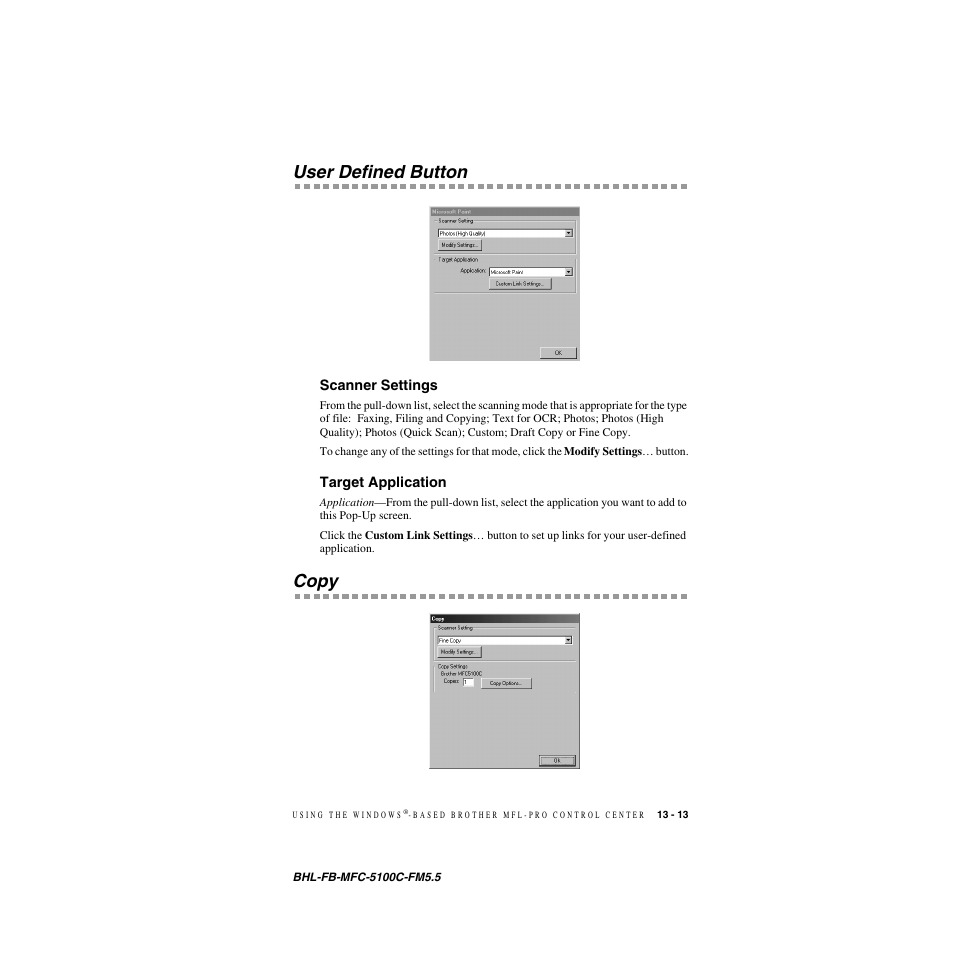 User defined button, Scanner settings, Target application | Copy, User defined button -13, Scanner settings -13 target application -13, Copy -13 | Brother MFC-5100C User Manual | Page 132 / 213