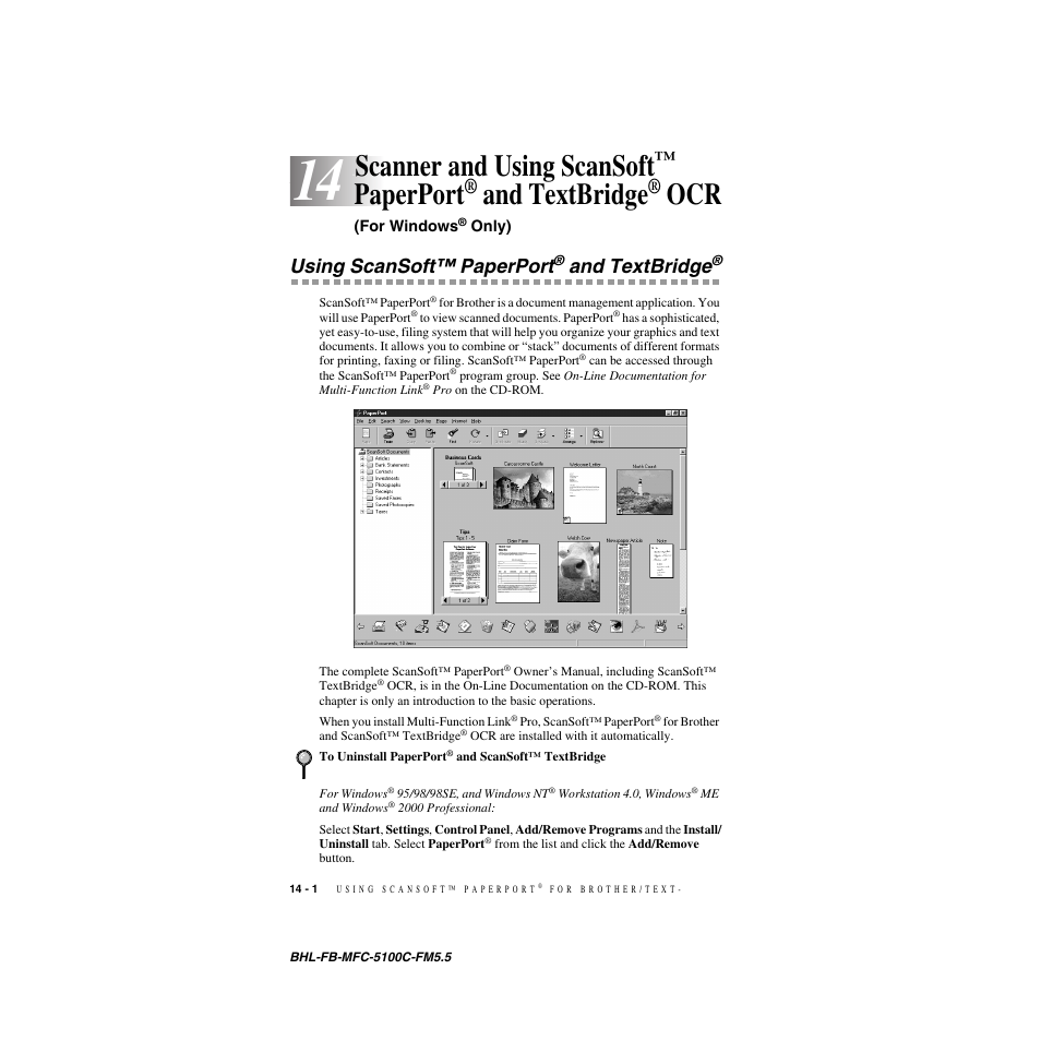 Using scansoft™ paperport® and textbridge, Scanner and using scansoft, Paperport | And textbridge, Ocr (for windows, Only) -1, Using scansoft™ paperport | Brother MFC-5100C User Manual | Page 135 / 213