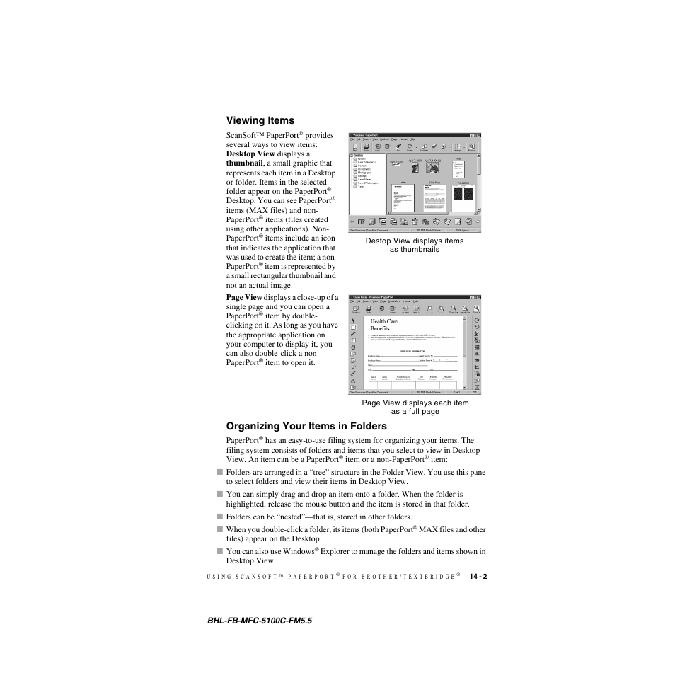 Viewing items, Organizing your items in folders | Brother MFC-5100C User Manual | Page 136 / 213