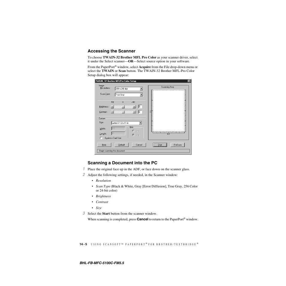 Accessing the scanner, Scanning a document into the pc | Brother MFC-5100C User Manual | Page 139 / 213