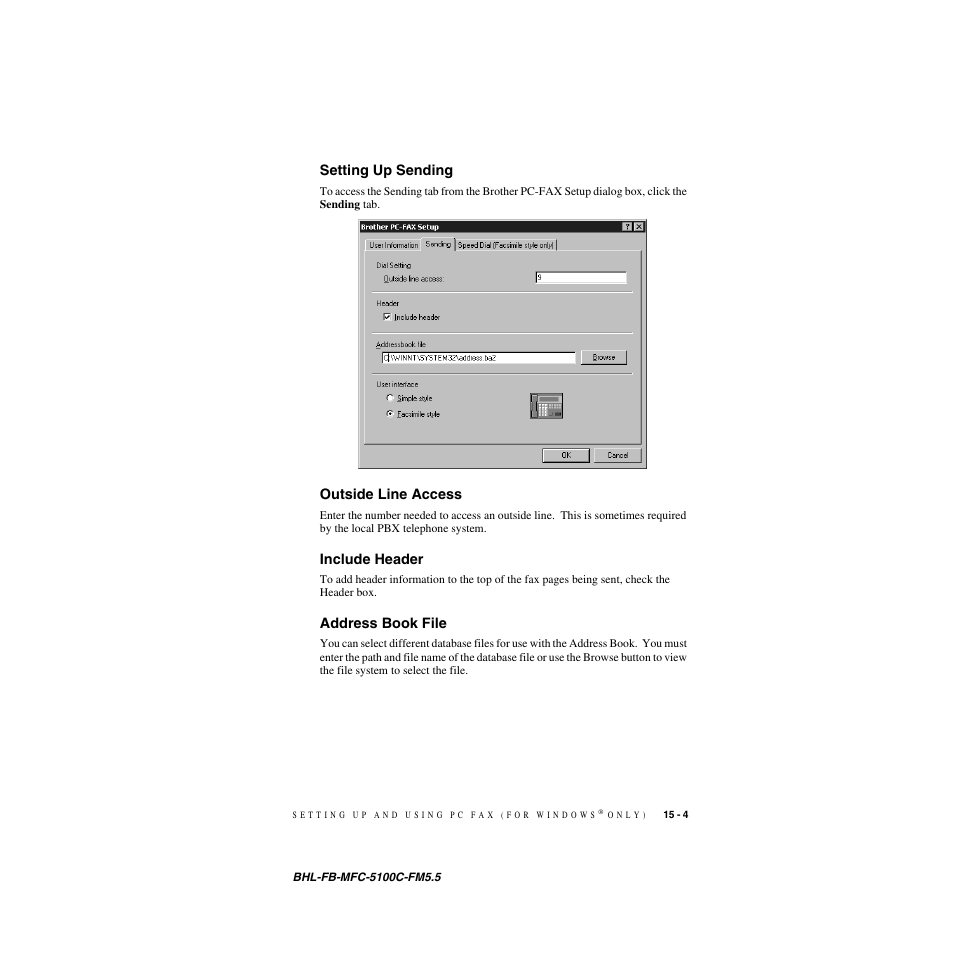 Setting up sending, Outside line access, Include header | Address book file, Setting up sending -4 | Brother MFC-5100C User Manual | Page 146 / 213