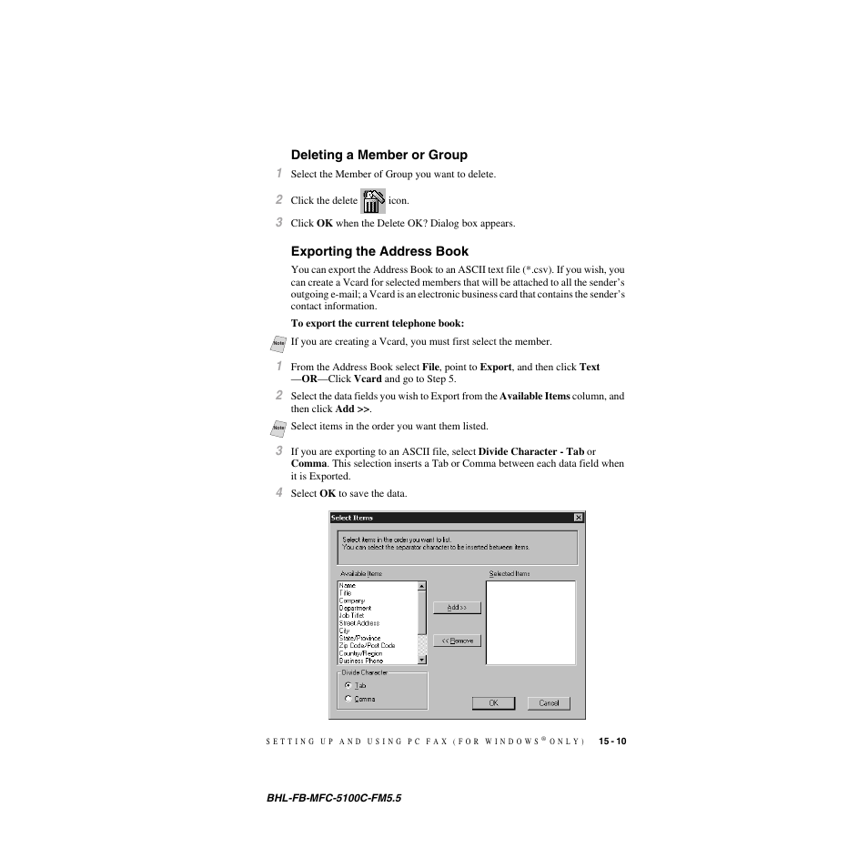 Deleting a member or group, Exporting the address book | Brother MFC-5100C User Manual | Page 152 / 213
