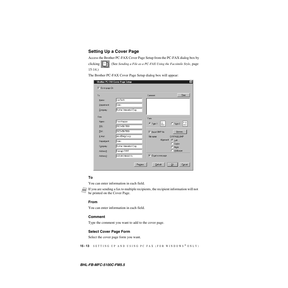 From, Comment | Brother MFC-5100C User Manual | Page 155 / 213