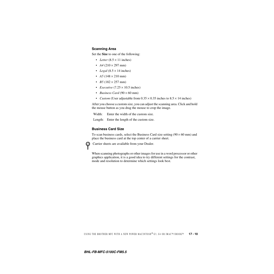 Scanning area, Business card size, Scanning area -10 business card size -10 | Brother MFC-5100C User Manual | Page 170 / 213