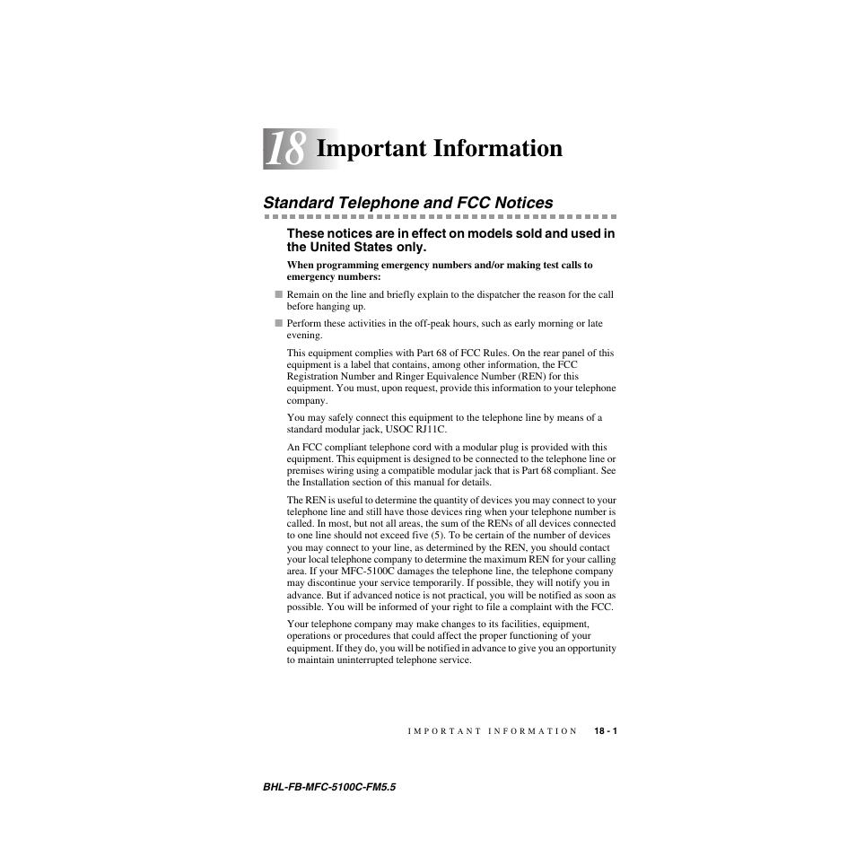 Important information, Standard telephone and fcc notices, Important information -1 | Standard telephone and fcc notices -1 | Brother MFC-5100C User Manual | Page 174 / 213