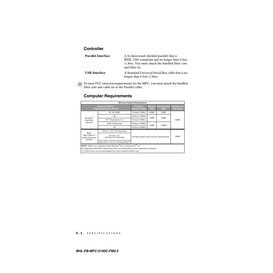 Controller, Computer requirements, Controller computer requirements | Brother MFC-5100C User Manual | Page 199 / 213