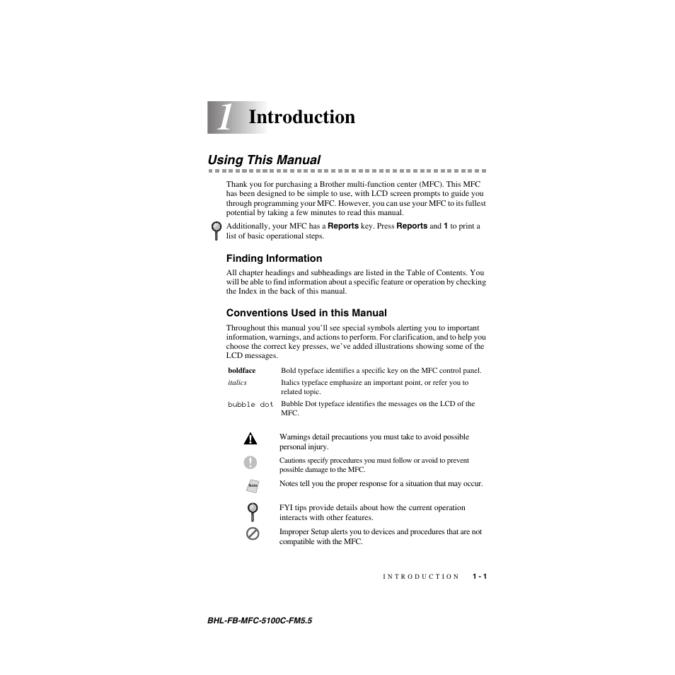 Introduction, Using this manual, Finding information | Conventions used in this manual, Introduction -1, Using this manual -1 | Brother MFC-5100C User Manual | Page 22 / 213