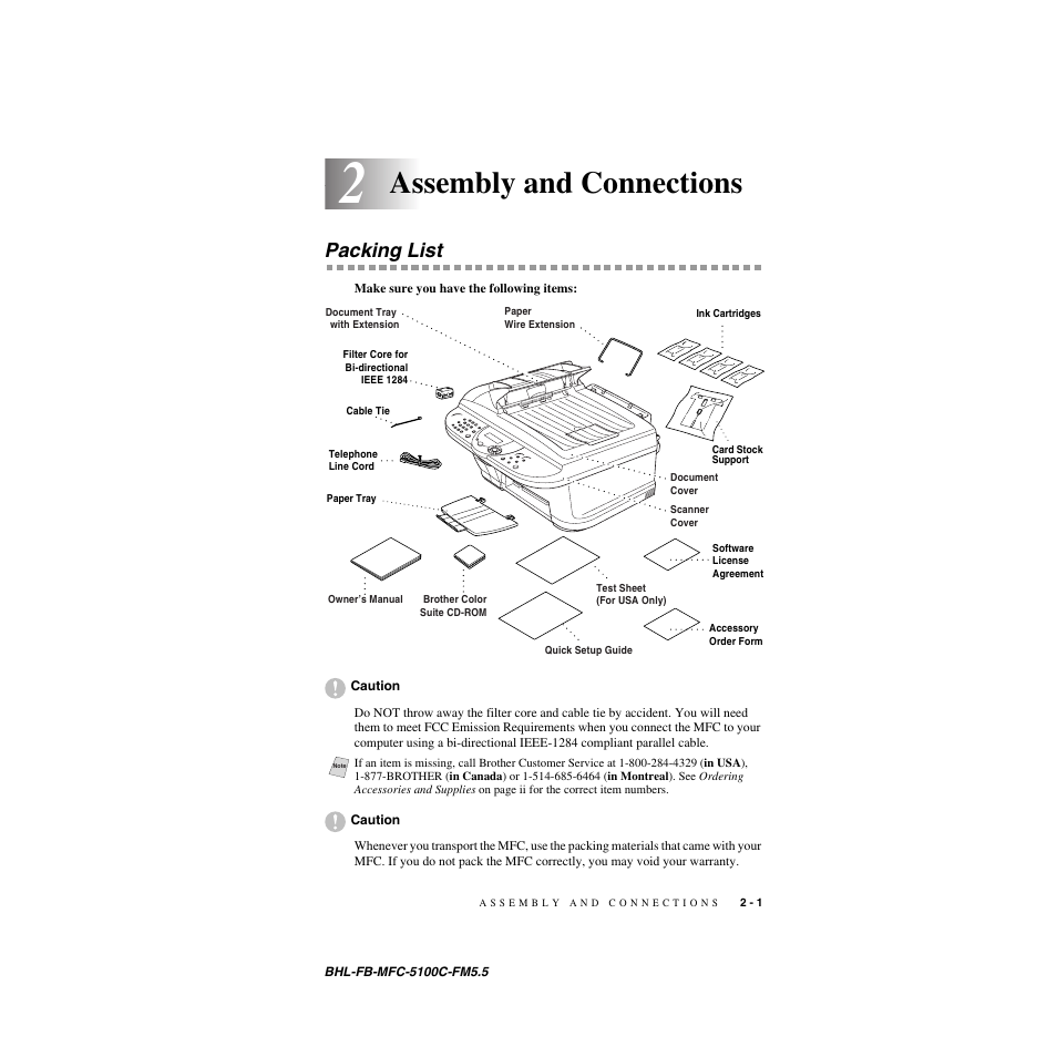 Assembly and connections, Packing list, Assembly and connections -1 | Packing list -1 | Brother MFC-5100C User Manual | Page 28 / 213
