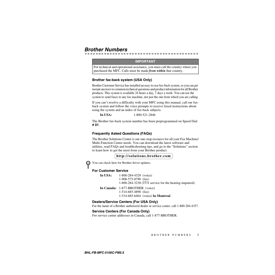 Brother numbers, Brother fax-back system (usa only), Frequently asked questions (faqs) | For customer service, Dealers/service centers (for usa only), Service centers (for canada only) | Brother MFC-5100C User Manual | Page 3 / 213