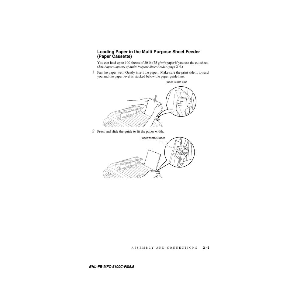 Loading paper in the multi-purpose sheet feeder, Paper cassette) -9 | Brother MFC-5100C User Manual | Page 36 / 213