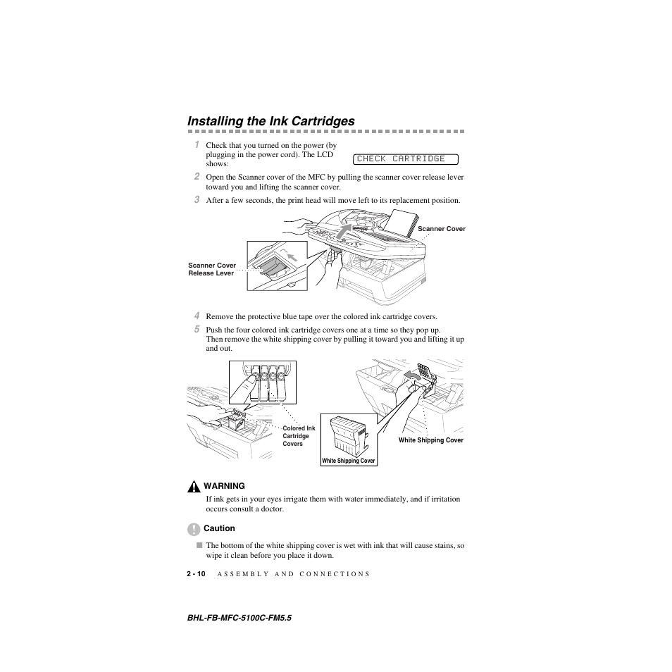 Installing the ink cartridges, Installing the ink cartridges -10 | Brother MFC-5100C User Manual | Page 37 / 213