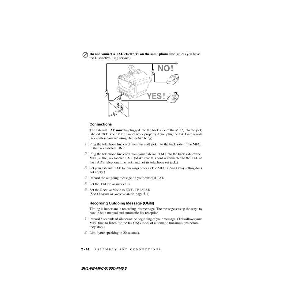 Connections, Recording outgoing message (ogm), Connections -14 | Recording outgoing message (ogm) -14 | Brother MFC-5100C User Manual | Page 41 / 213