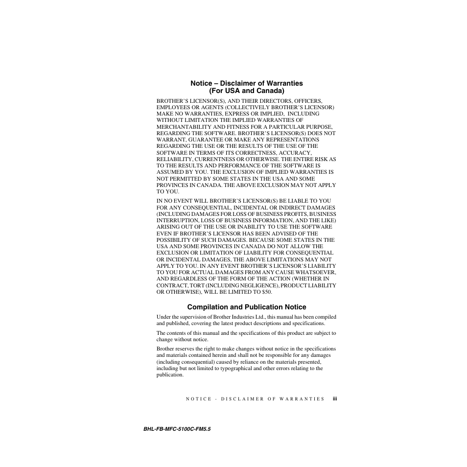 Compilation and publication notice | Brother MFC-5100C User Manual | Page 5 / 213