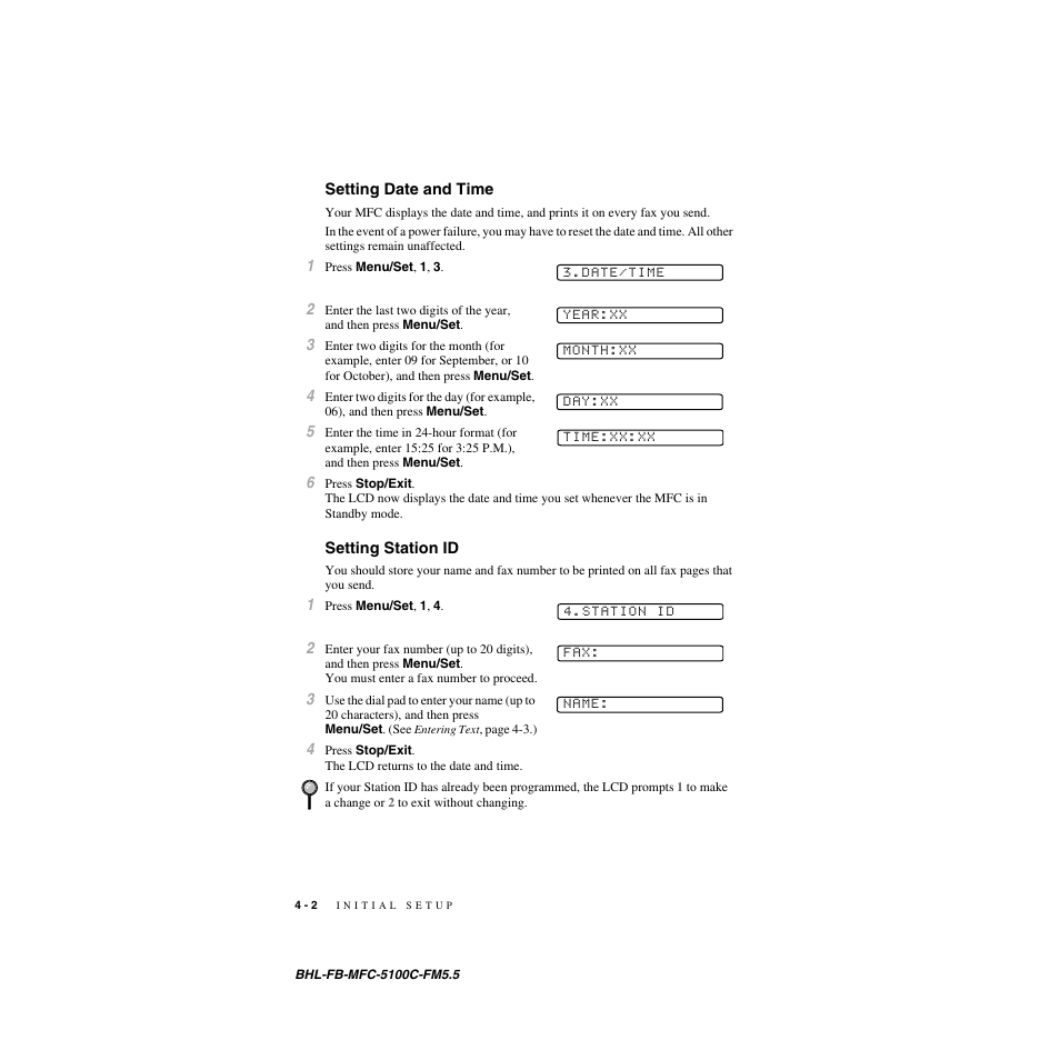 Setting date and time, Setting station id, Setting date and time -2 setting station id -2 | Brother MFC-5100C User Manual | Page 53 / 213