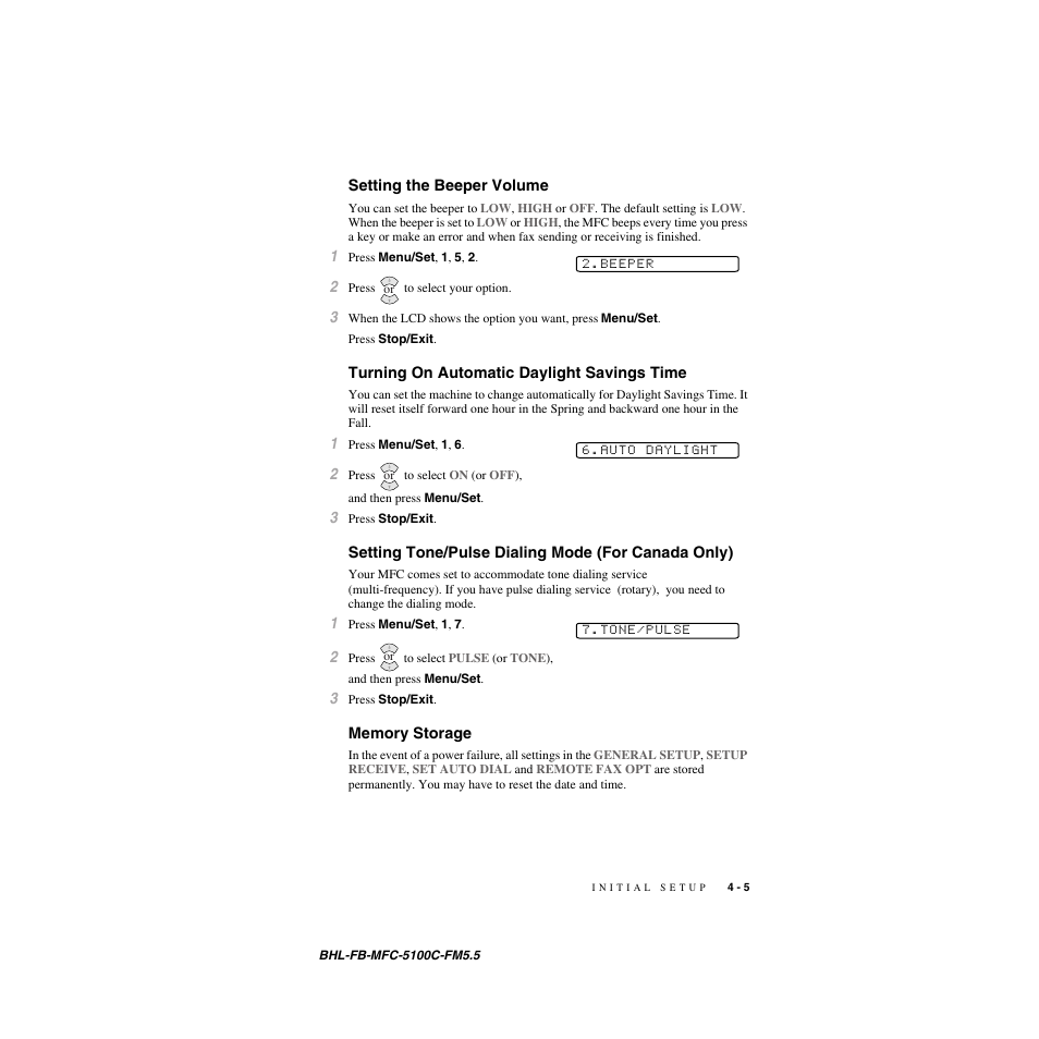 Setting the beeper volume, Turning on automatic daylight savings time, Setting tone/pulse dialing mode (for canada only) | Memory storage | Brother MFC-5100C User Manual | Page 56 / 213